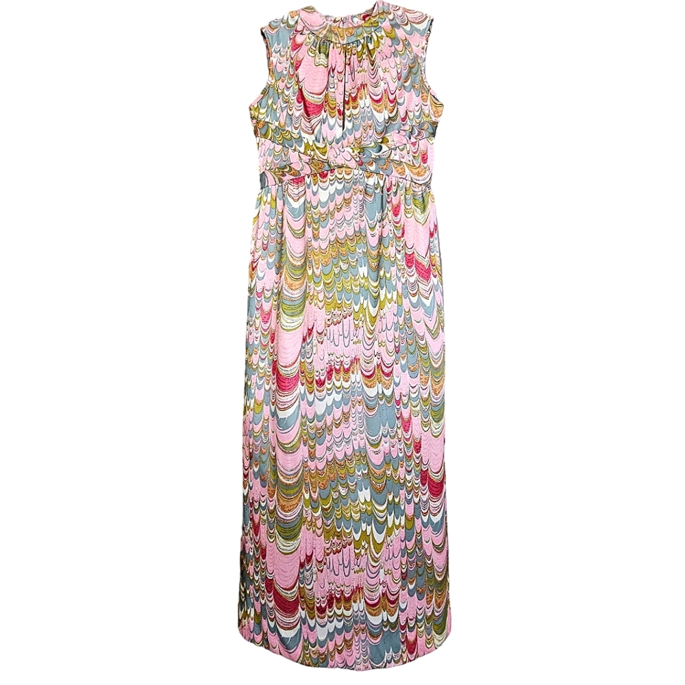 60's/70's  Leslie Faye Original Phsysodelic Pinks Marble Sleeveless Maxi…